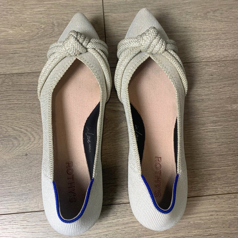 Rothy's The Point Ecru Silver Knotted Bow Metallic Flat Shoes 10 Minimalist
